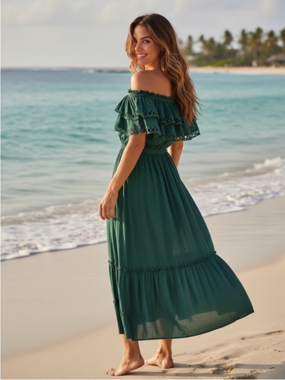 Mable Allegra Off-Shoulder Tiered Ruffle Maxi Midi Dress, Forest Green, Size M